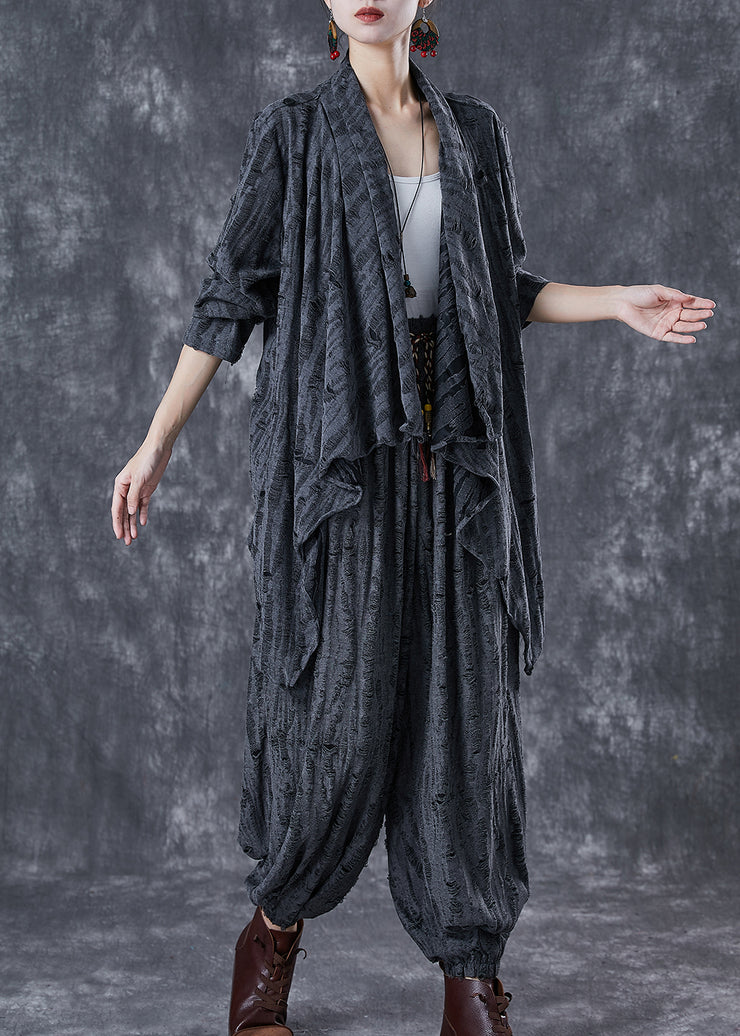 Elegant Grey Asymmetrical Cotton Ripped Two Pieces Set Fall