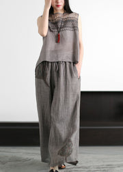 Elegant Grey Embroideried Hollow Out Tulle Patchwork Linen Two Piece Suit Set Sleeveless