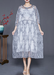 Elegant Grey Embroidered Tulle Robe Dresses Two Piece Set Summer