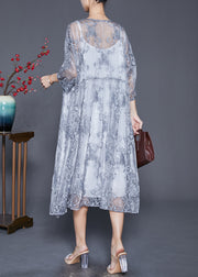 Elegant Grey Embroidered Tulle Robe Dresses Two Piece Set Summer