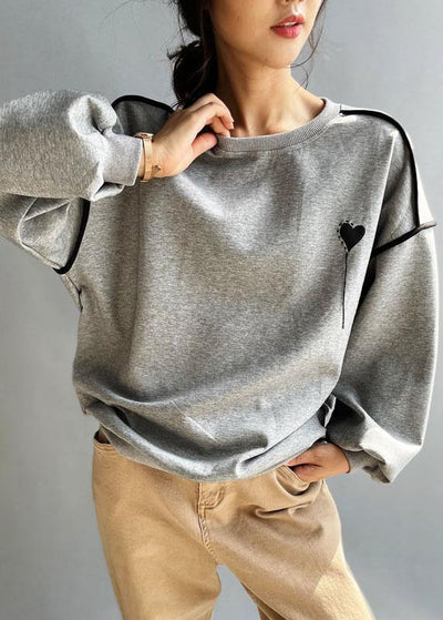 Elegant Grey Loose Embroideried Patchwork Fall Sweatshirt Street Wear - bagstylebliss