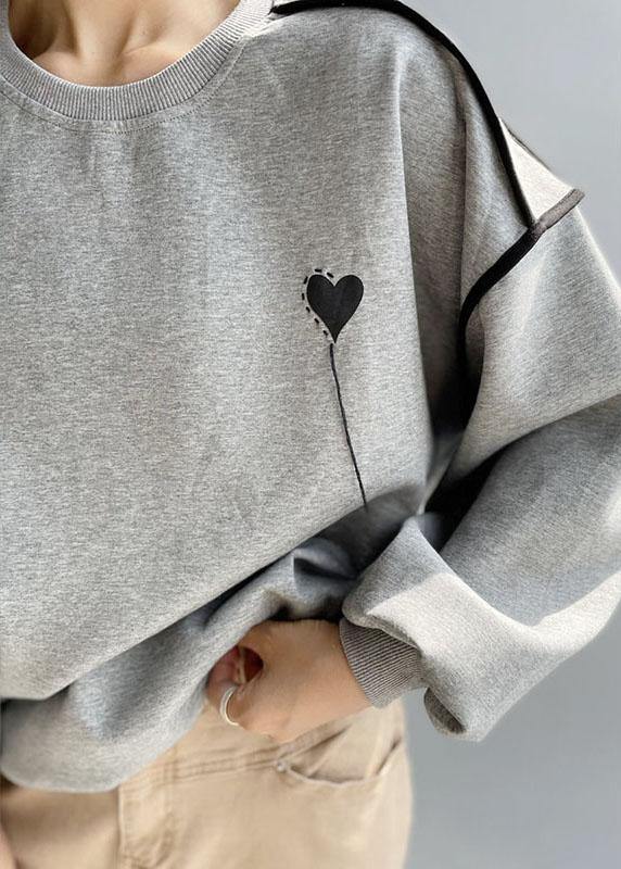 Elegant Grey Loose Embroideried Patchwork Fall Sweatshirt Street Wear - bagstylebliss