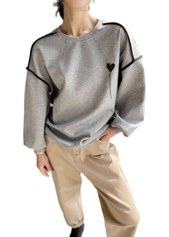 Elegant Grey Loose Embroideried Patchwork Fall Sweatshirt Street Wear - bagstylebliss