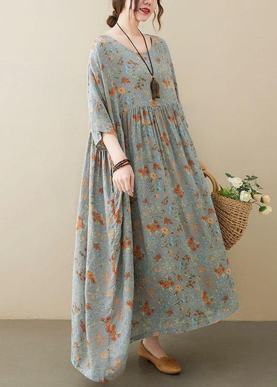 Elegant Grey O-Neck Patchwork Print Half Sleeve Summer Long Dress - bagstylebliss