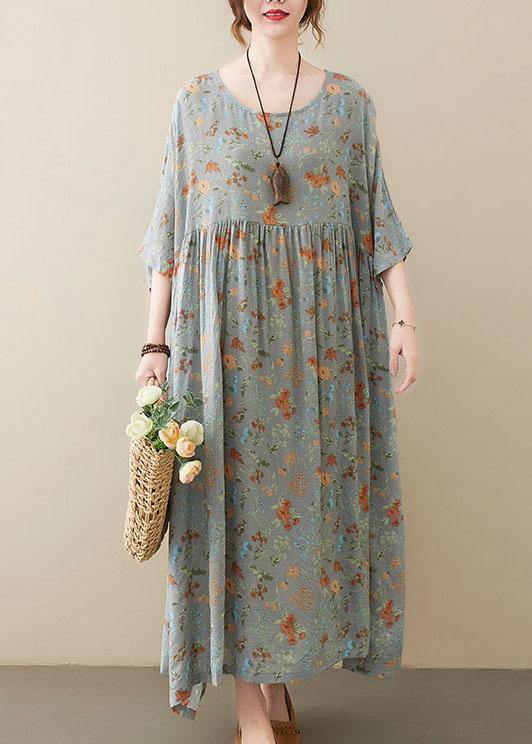 Elegant Grey O-Neck Patchwork Print Half Sleeve Summer Long Dress - bagstylebliss