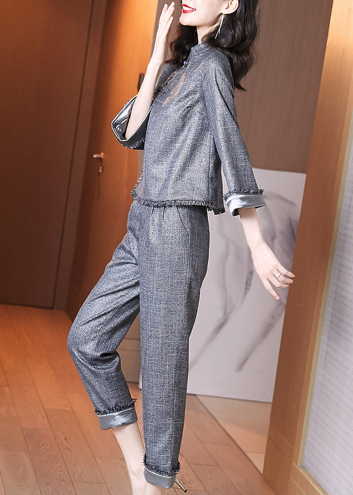 Elegant Grey Stand Collar Chinese Button Tops And Pants Cotton Two-Piece Set Spring