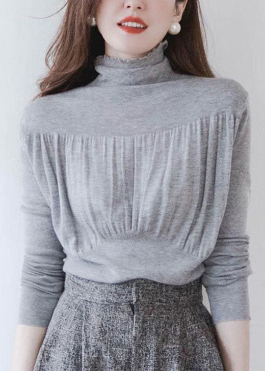 Elegant Grey Stand Collar Ruffled fashion Brief Fall Knitted Top