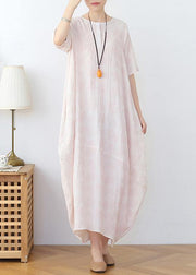 Elegant Iight Pink Floral Linen Summer Dress - bagstylebliss