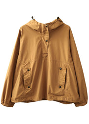 Elegant Khaki Hooded Button Pockets Fall Shirt Long Sleeve