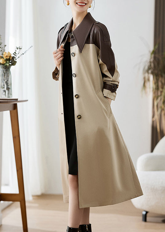 Elegant Khaki Peter Pan Collar Pockets Patchwork Faux Leather Trench Fall