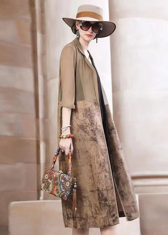 Elegant Khaki Peter Pan Collar Print Patchwork Cotton Trench Fall