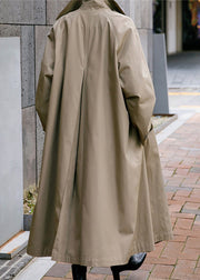 Elegant Khaki Peter Pan Collar Tie Waist Button Pockets Cotton Trench Coats Long Sleeve