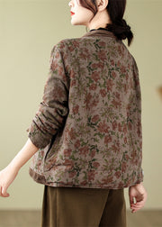 Elegant Khaki V Neck Print Fine Cotton Filled Coats Winter