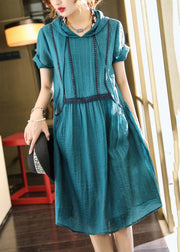 Elegant Lake Blue Hooded Pockets Patchwork Cotton Dress Summer