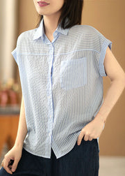 Elegant Light Blue Peter Pan Collar Striped Pocket Silk Shirts Short Sleeve