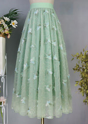 Elegant Light Green Butterfly Embroidered High Waist Tulle Maxi Skirts Spring