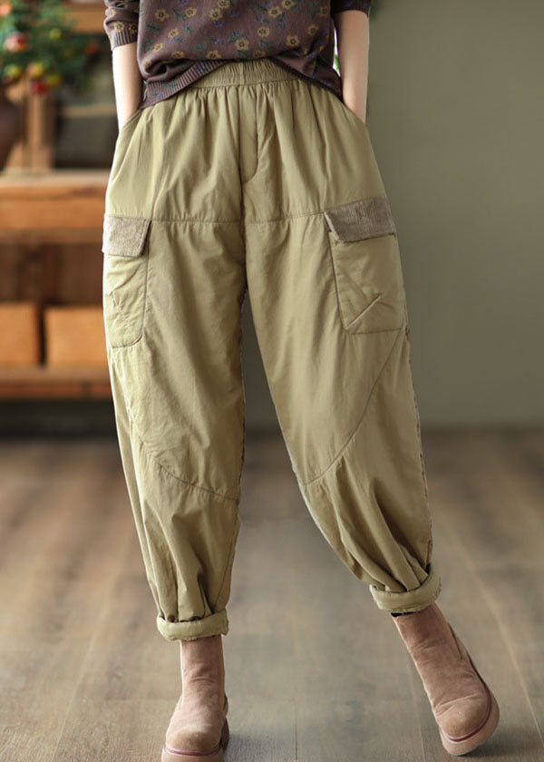 Elegant Light Green Pockets Patchwork Fleece Harem Pants