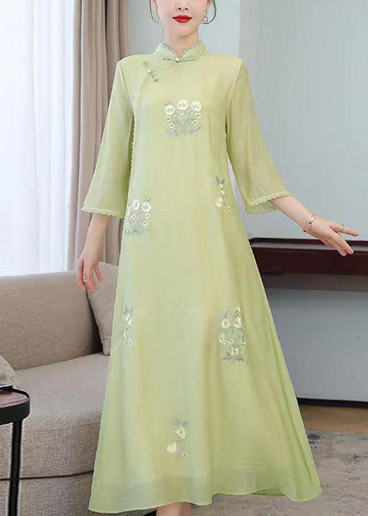 Elegant Light Green Stand Collar Embroidered Silk Long Dresses Half Sleeve