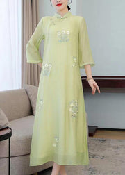 Elegant Light Green Stand Collar Embroidered Silk Long Dresses Half Sleeve