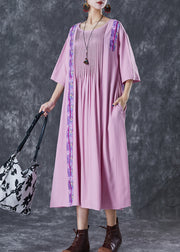 Elegant Light Purple Oversized Patchwork Wrinkled Linen Dress Half Sleeve