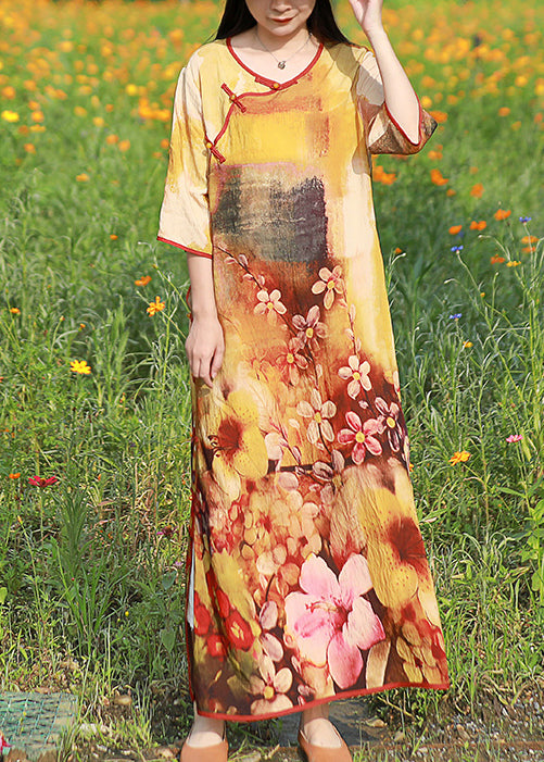 Elegant Light Yellow O-Neck side open print Long Dress Half Sleeve