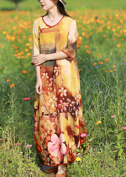 Elegant Light Yellow O-Neck side open print Long Dress Half Sleeve