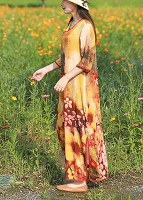 Elegant Light Yellow O-Neck side open print Long Dress Half Sleeve