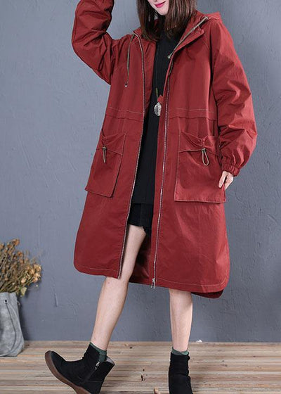 Elegant Loose fitting long jackets fall jacket red side open hooded Coat Women - bagstylebliss