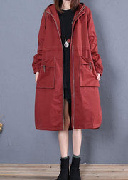 Elegant Loose fitting long jackets fall jacket red side open hooded Coat Women - bagstylebliss