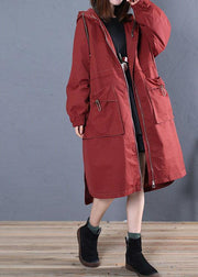 Elegant Loose fitting long jackets fall jacket red side open hooded Coat Women - bagstylebliss