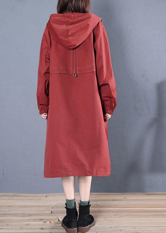 Elegant Loose fitting long jackets fall jacket red side open hooded Coat Women - bagstylebliss