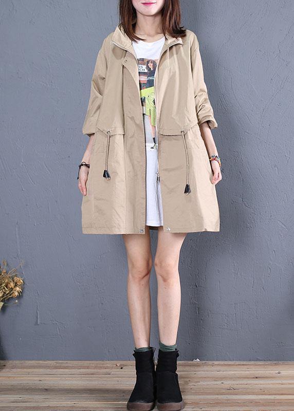 Elegant Loose fitting medium length jackets fall khaki drawstring coats - bagstylebliss