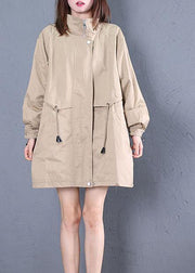 Elegant Loose fitting medium length jackets fall khaki drawstring coats - bagstylebliss