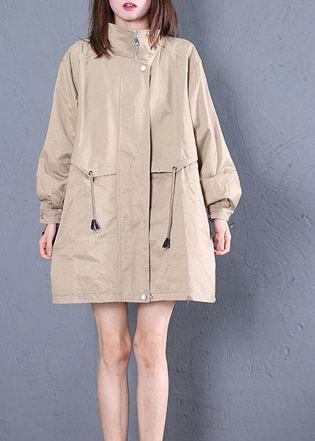 Elegant Loose fitting medium length jackets fall khaki drawstring coats - bagstylebliss