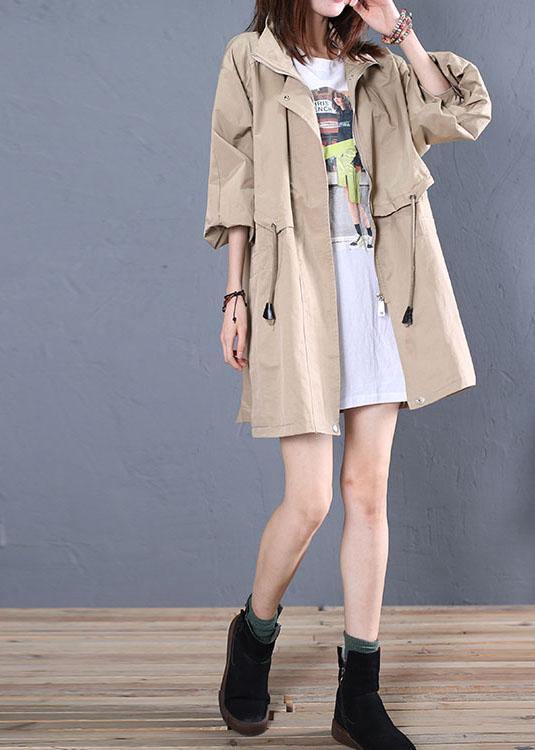 Elegant Loose fitting medium length jackets fall khaki drawstring coats - bagstylebliss