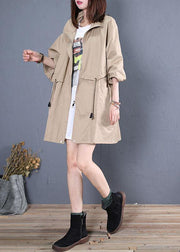 Elegant Loose fitting medium length jackets fall khaki drawstring coats - bagstylebliss