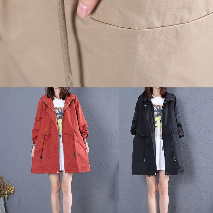 Elegant Loose fitting medium length jackets fall khaki drawstring coats - bagstylebliss