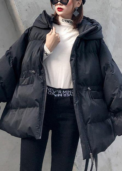 Elegant Loose fitting winter jacket drawstring coats black hooded women parka - bagstylebliss