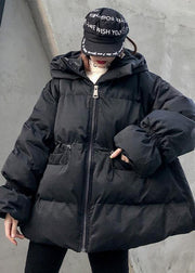 Elegant Loose fitting winter jacket drawstring coats black hooded women parka - bagstylebliss