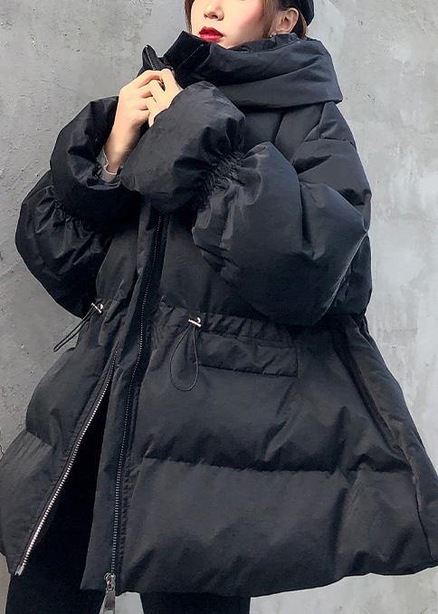 Elegant Loose fitting winter jacket drawstring coats black hooded women parka - bagstylebliss