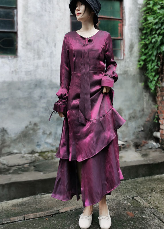 Elegant Maroon Asymmetrical Design Patchwork Ruffles Chiffon Dress Long Sleeve