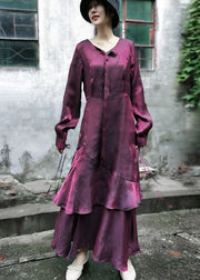 Elegant Maroon Asymmetrical Design Patchwork Ruffles Chiffon Dress Long Sleeve