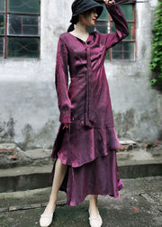 Elegant Maroon Asymmetrical Design Patchwork Ruffles Chiffon Dress Long Sleeve