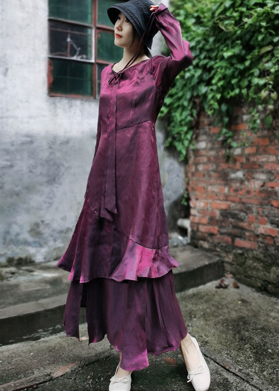 Elegant Maroon Asymmetrical Design Patchwork Ruffles Chiffon Dress Long Sleeve