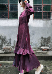 Elegant Maroon Asymmetrical Design Patchwork Ruffles Chiffon Dress Long Sleeve