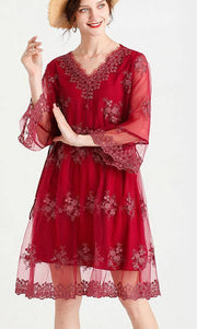 Elegant Mulberry V Neck Petal Sleeve Mini Summer Lace Dress - bagstylebliss