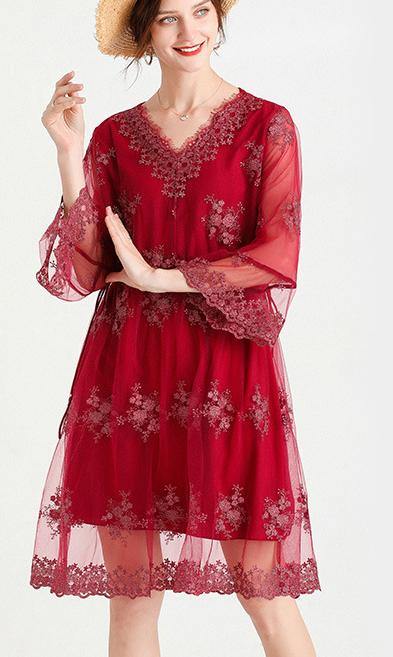 Elegant Mulberry V Neck Petal Sleeve Mini Summer Lace Dress - bagstylebliss