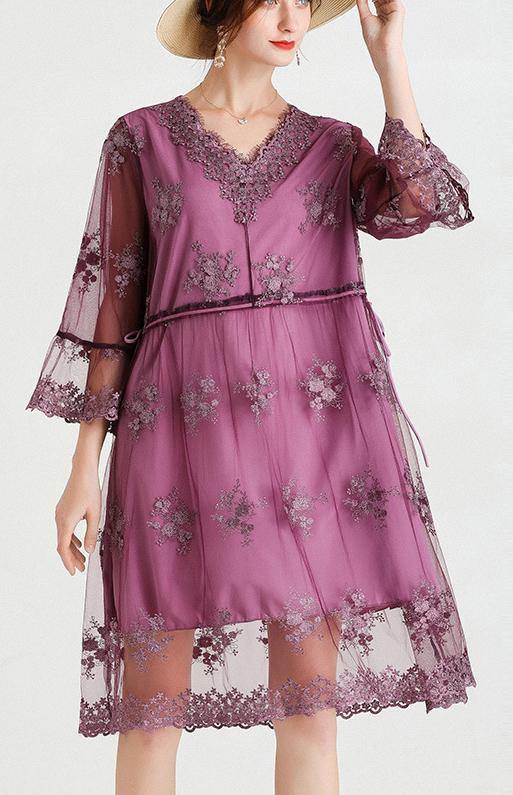 Elegant Mulberry V Neck Petal Sleeve Mini Summer Lace Dress - bagstylebliss