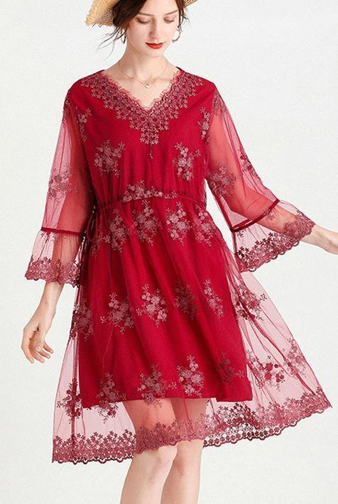 Elegant Mulberry V Neck Petal Sleeve Mini Summer Lace Dress - bagstylebliss