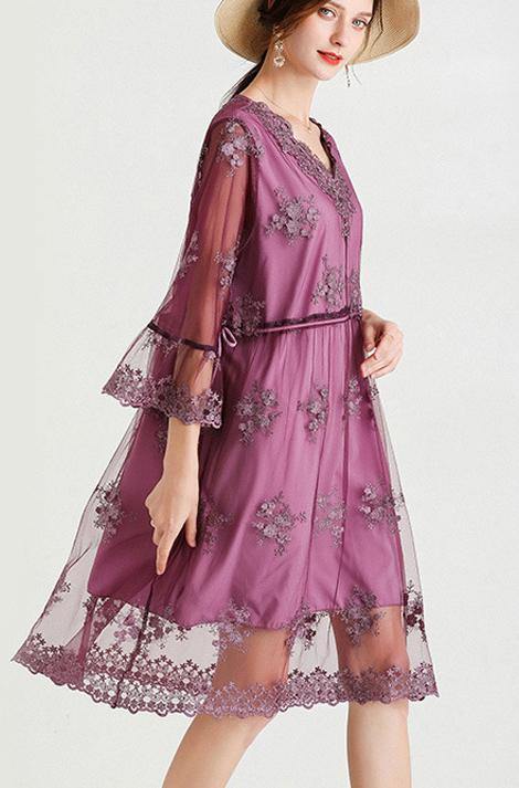 Elegant Mulberry V Neck Petal Sleeve Mini Summer Lace Dress - bagstylebliss